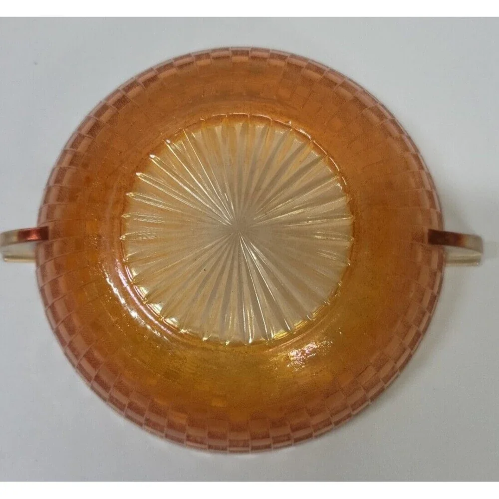 Iridescent checkered patterned depression glass bowl w 2 handles